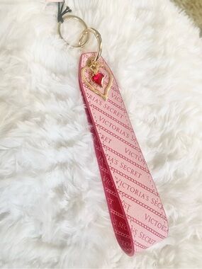 Victoria's Secret Pink Logo Wristlet with Gold Heart Charm and Red Jewel